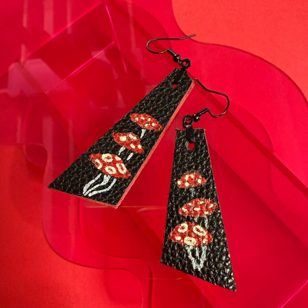 Upcycled Unique Mushroom Drop Earrings from Repurposed Leather, Hand-Painted